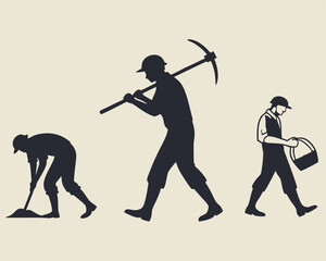 Naklejka premium Silhouettes of Miners Working with Pickaxes in Various Poses.