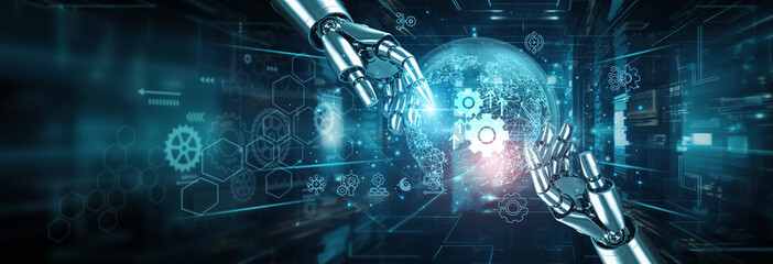 Hands of robots touching on automation network connections signify advanced systems transforming...
