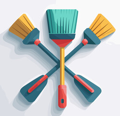 Broom and dustpan cleaning tools, colorful and modern design, flat lay, household essentials