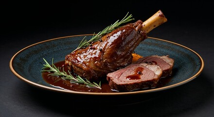 Roasted lamb shank with garnish on dark plate for fine dining restaurants, culinary websites, food blogs, and upscale menu photography