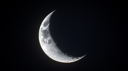 Close up of a crescent moon with visible craters and a dark black background in the night sky