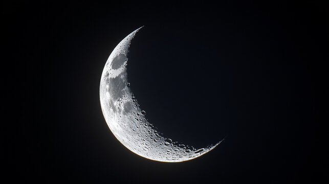 Close up of a crescent moon with visible craters and a dark black background in the night sky