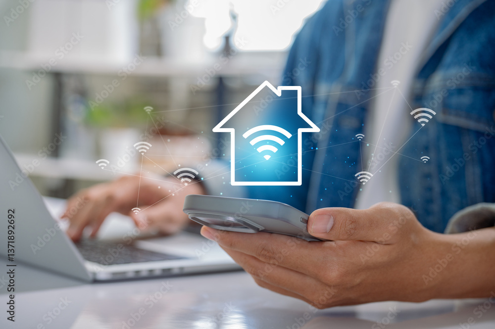 Poster smart home technology with wireless network control. person using smartphone and laptop with wi fi a