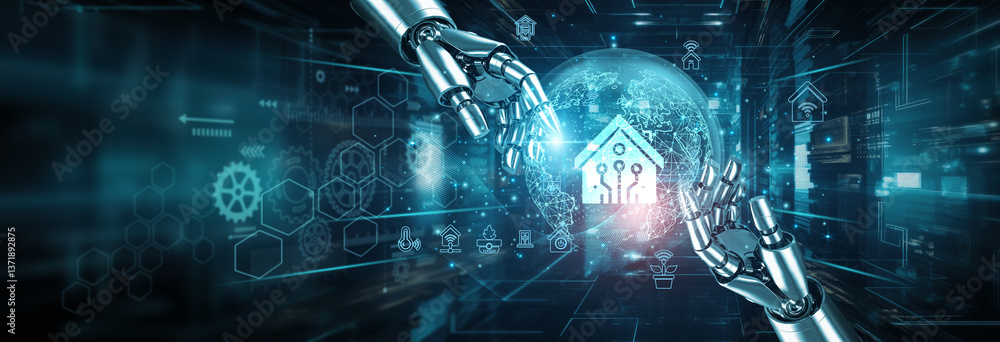 Poster hands of robots touching on smart home network connection highlight automation transforming daily li