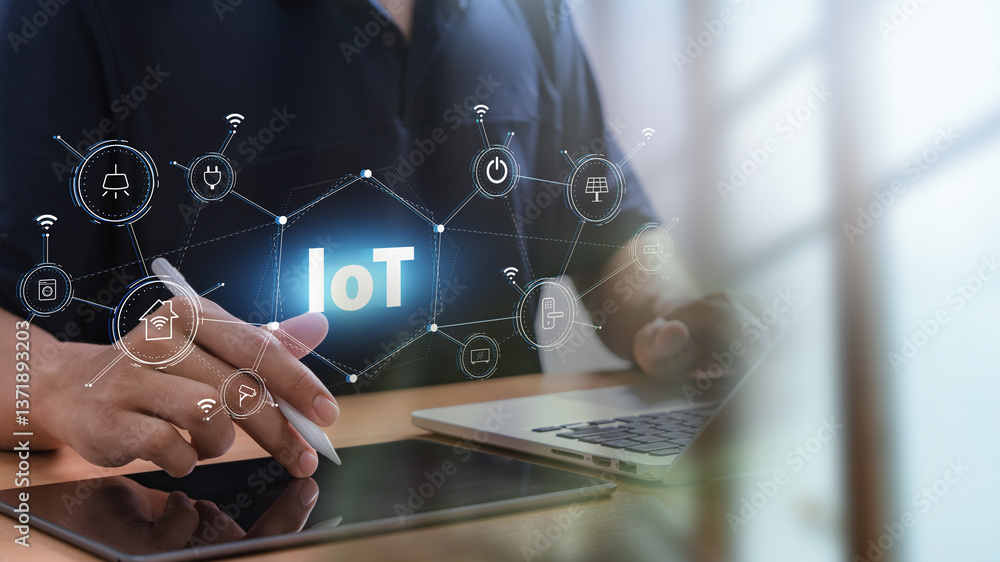 Poster iot smart technology connecting home devices digitally. person using stylus on tablet with glowing i