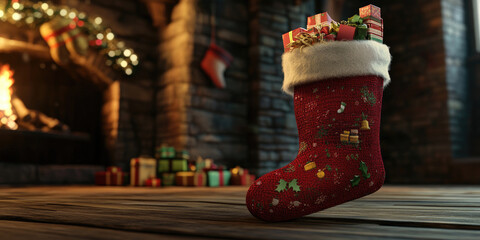 A Christmas Stocking Full of Small Gifts with a Cozy Fireplace for Christmas, Holiday, or Festive-Themed Design Projects