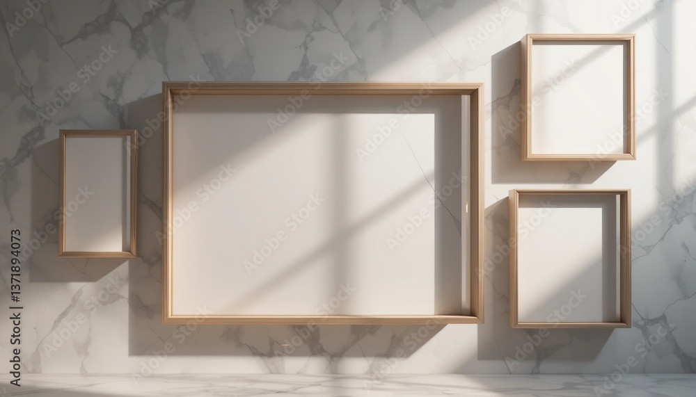 Poster artistic display of empty picture frames on marble wall interior design showcase minimalist style na