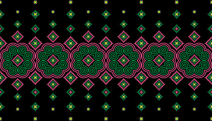 Pink and Green Hmong Ethnic pattern on black background.
