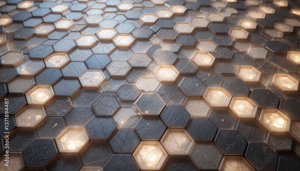 Poster illuminated hexagonal pattern installation modern art gallery digital art indoor setting close-up vi