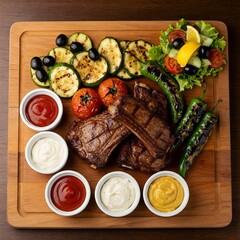 Grilled Meat and Vegetable Platter with Assorted Sauces  