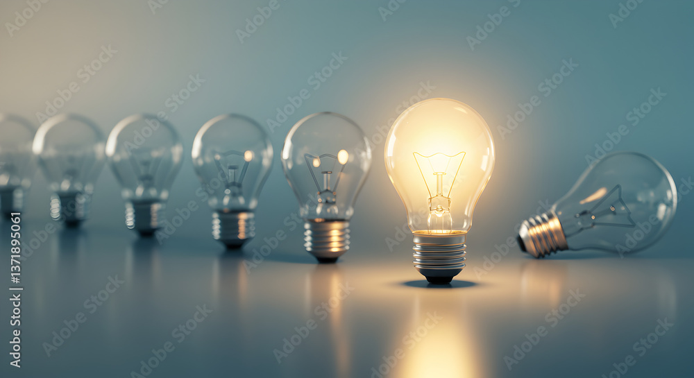 Aufkleber close up of glowing light bulb in row on surface with blurred background in studio lighting