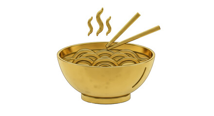 Isolated Golden Noodles in Bowl with Chopsticks Asian Cuisine