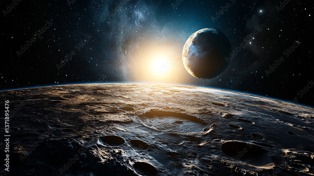 Poster view of a cratered planet with bright sun and another planet in the background in outer space scene