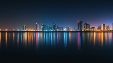 Obraz premium Cityscape at night reflecting in water with colorful lights creating a vibrant and serene atmosphere