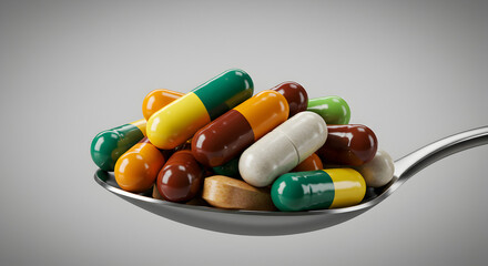 Close Up Silver Spoon Containing Variety of Colorful Medicine Pills and Capsules on Gray Background