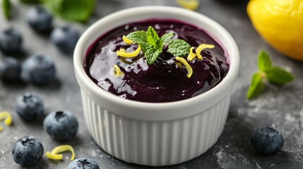 Thick and luscious blueberry sauce in a white ramekin, garnished with lemon zest curls and mint leaves
