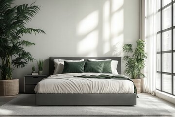 Minimalist bedroom with large windows and lush indoor plants creating a serene and airy ambiance.