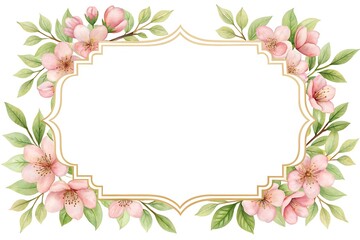 Fototapeta premium Watercolor floral frame with pink flowers and gold border