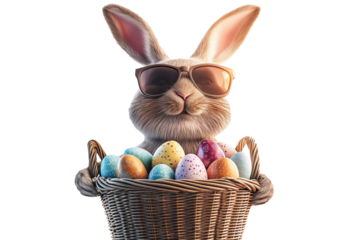 Stylish Easter bunny wearing sunglasses holds basket full of colorful decorated Easter eggs isolated on white transparent background