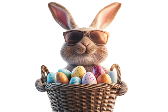 Stylish Easter bunny wearing sunglasses holds basket full of colorful decorated Easter eggs isolated on white transparent background