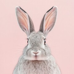 Obraz premium Adorable gray rabbit with large ears against a pastel pink background, exuding a calm and gentle vibe.