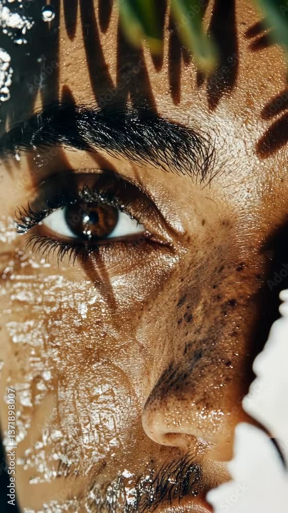 Poster close-up view of a person's eye with an artistic reflection of light and shadow, showcasing intricat