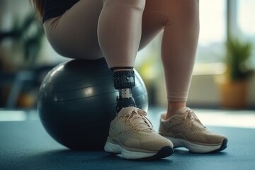 Female athlete with prosthetic leg sitting on exercise ball in gym setting, embracing strength and resilience.