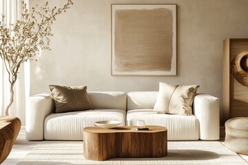 Minimalist living room with soft neutral tones, a plush sofa, and wooden accents. A blend of contemporary and vintage aesthetics...