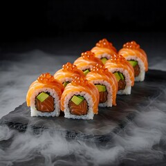 Fresh salmon sushi rolls with avocado and ikura on black slate