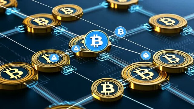 Digital representation of blockchain technology with interconnected Bitcoin symbols and nodes on a dark background