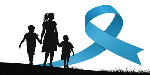 Unity in Silhouette: A heartwarming silhouette of a mother and her two children standing together and a blue ribbon, symbolizing support and solidarity, set against a clean background.