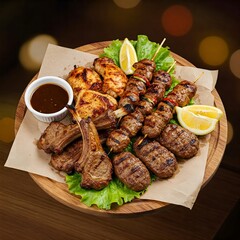 Delicious Mixed Grill Platter with Sauces and Garnishes