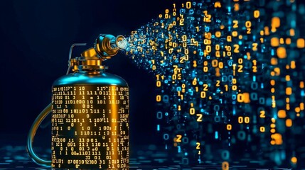 Innovative digital smart fire extinguisher featuring glowing binary code.
