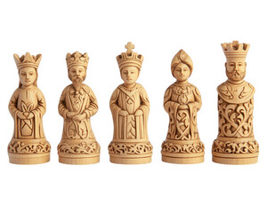 Handcrafted wooden chess pieces featuring finely carved kings and queens, showcasing intricate details and artistry. Perfect for collectors and chess enthusiasts