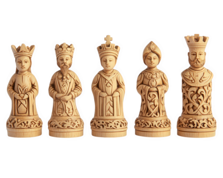 Handcrafted wooden chess pieces featuring finely carved kings and queens, showcasing intricate details and artistry. Perfect for collectors and chess enthusiasts