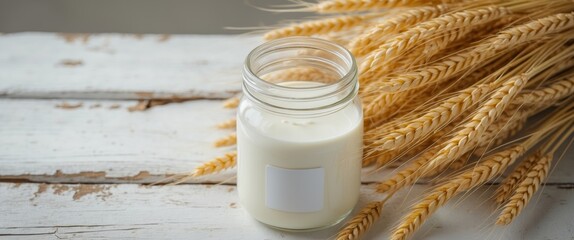 Glass jar of milk beside wheat on rustic wooden surface.