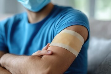 Masked individual with arm bandage sitting in a bright room.