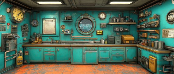 Rusty teal ship's galley