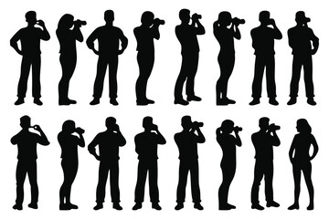 Photographer full body silhouettes set isolated flat vector illustration on white background