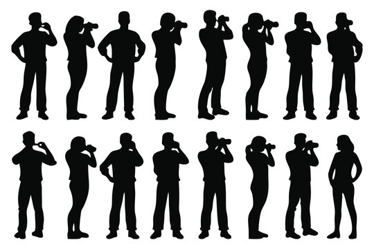  Photographer full body silhouettes set isolated flat vector illustration on white background