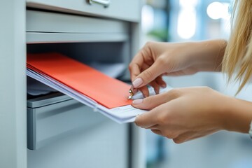 Naklejka premium Woman organizing documents in an office cabinet, focusing on a bright red folder.