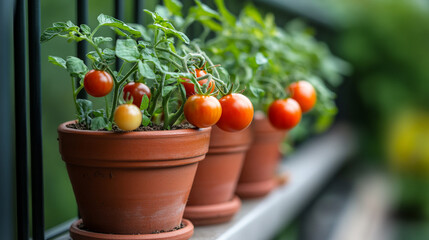 Tomato plants in terracotta pots on a balcony with ripe and unripe tomatoes growing on the vines
