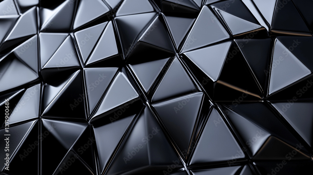 Poster a dark abstract background featuring a pattern of glossy black triangular geometric shapes arranged 