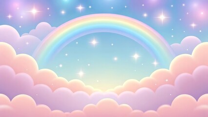 Pastel rainbow over fluffy clouds and stars