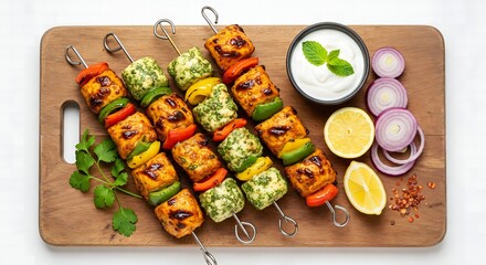 Grilled Paneer Skewers with Colorful Vegetables and Accompaniments  