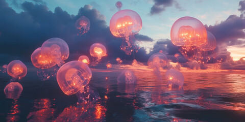 A Horizon Filled with Massive Glowing Jellyfish for Sci-Fi Art, Fantasy Illustrations, or Surreal Landscape Design