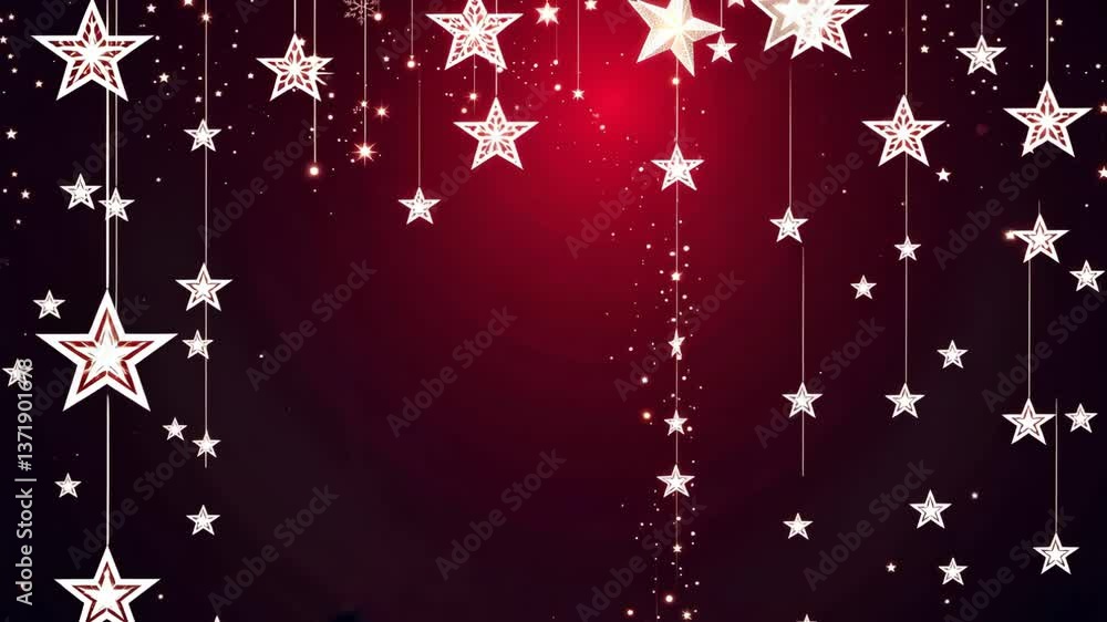 Poster a red background with a bunch of stars hanging from the ceiling. the stars are all different sizes a