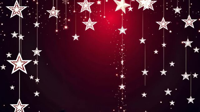 A red background with a bunch of stars hanging from the ceiling. The stars are all different sizes and are scattered throughout the image