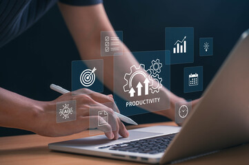 Boosting Productivity with AI and Automation Tools. hands using laptop with tech icons showing goals, schedules, and innovation, symbolizing data driven success and efficient workflow strategies