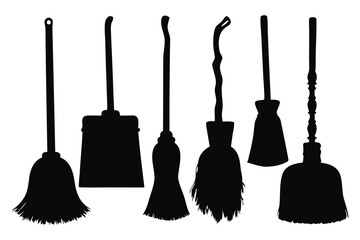 Naklejka premium Broom with a long handle silhouettes set Vector illustration on white background